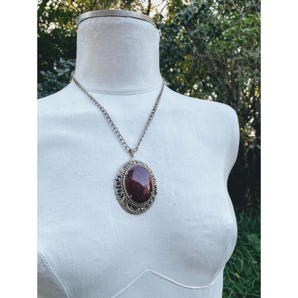 Vintage Large Red Jasper Pendant Necklace earring Set - Picture 8 of 9